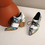 Snake Print Pumps Women Lace Up Brogue Shoes Pointed Toe Wedge Heels Deep Mouth Plus Size 40 41 42