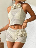 3D Flowers Halter Crochet Knitted 2 Pieces Suits Beach Cover Up Cover-ups Beach Shorts Beach Wear Beachwear Female Women K6598