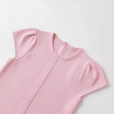 Women's Fashion Casual Puff Sleeve Casual Top Pink Puff Sleeve Knit Top Round Neck Ribbed Back Zipper Casual Style T-Shirt 60BW