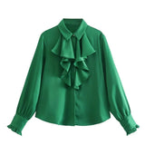 Foridol Ruffles Folds Light Blue Office Lady Satin Shirt Blouse Long Sleeve Spring Fashion Solid Button Up Blusa Autumn 2025