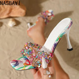Designer Summer Open Toe Colored Rhinestones Slippers Women PVC Transparent Sexy Thin Heels Stripper Ladies Slides Shoes