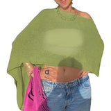 Combhasaki Women Knitwear Bikini Cover-up See-through Solid Off Shoulder Irregular Triangle Hem Loose Pullover Summer Beach Tops