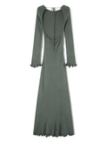 Women's Autumn Winter Knitted Bodycon Dress Long Sleeve Tie Backless Round Neck Solid Color Ruffle Trim Long Dress Beachwear