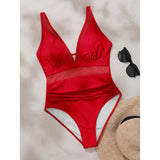 S - XL New Sexy Mesh Sheer V Neck Women Swimwear One Piece Swimsuit Female High Leg Cut Monokini Bather Bathing Suit Swim V5136