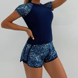 Sports Swimsuit for Women 2026 New 2 Piece Swimsuit High Waist Tankini Short Sleeve Round Neck Patchwork Bikini Set Swimwear