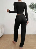 Women Autumn Winter Sleepwear Blue Lace Long Sleeves T-shirt Tops and Trousers 2 Pieces Pajamas Set Loungewear Home Suit