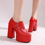Plus Size Double Row Small Buckle Side Zipper Square Toe Double Layer Platform High Thick Heel Women's Pumps Shallow High Heels