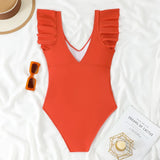 2026 Sexy Ruffle Swimsuit One Piece V-neck Drawstring Swimwear Women Bathers Bathing Swimming Swim Suit Female Beachwear XXL