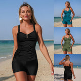Solid Color Tankini 2-piece Swimsuit for Women 2026 New High Waist Camisole Bikini Set Sexy Suspender Backless Beach Swimwear