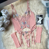 Toucheart Sexy Lingerie Embroidery Printing Bra Garters Set For Women Mesh See- Through Hollow Out Exotic Sexy Underwear Suit