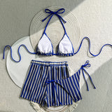 With Shorts Striped Halter Bikini Female Swimsuit Women Swimwear Three-Pieces Bikini Set Padded Bather Bathing Suit Swim V7159