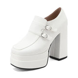Plus Size Double Row Small Buckle Side Zipper Square Toe Double Layer Platform High Thick Heel Women's Pumps Shallow High Heels