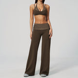 Fake Two-piece Sports Bra Yoga Sets Women Coffee Striped Patchwork Folding High Waist Wide Leg Pants Gym Running Fitness Suits
