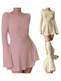 Women Spring Autumn Mini Dress Long Sleeve Crew Neck Backless Solid Color A-line Dress for Party Club