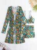 New Sexy 3 Pieces Suit for Women Neck Hanging Bikini Set+Cover-up Swimwear Sunproof Tankini High Waist Shorts Swimsuit Beachwear