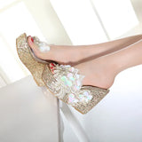 New Summer Flower Decoration Platform Wedges Sandals Women Fashion Silver High Heels Female Summer Gold Shoes Size 34-40