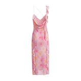 Deep V-neck Strap Dress Sexy Ruffled Long Dress Womens Pink Rose Print Strap Dress Ruffle Sleeveless Summer Beach Dress GO0Y