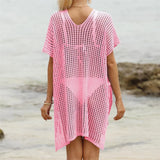 Short Sleeve V Neck Hollow Out Crochet Knitted Tunic Beach Dress Beach Wear Beachwear Beach Cover Up Cover-upsFemale Women V8061
