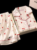 Cherry Print Silk Pajamas Set for Women Summer Short Sleeve Shirt and Shorts Two Pieces Sleepwear Homewear Nightwear