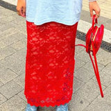 Women's Summer Lace Long Skirts Elegant Low Waist Solid Color See-Through Midi Skirts Slim Fit Skirts