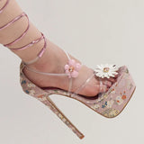 New Design Sunflower Jelly PVC Women Platform Sandals Fashion Leaf Lace Up 16CM Super High Heels Banquet Dress Shoes Pink