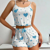 Heart Print Ribbed Frill Trim Pajama Set, Cute Bow Notched Neck Cross Strappy Backless Crop Cami Top & Elastic Shorts, Women's