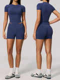 Seamless Yoga Sets Women Short Sleeve O Neck Slim Sports T Shirts Gym Outfits Abdominal Compression Shorts Running Fitness Suit
