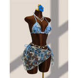 With Sarong Flower Printed Halter Bikini Female Swimsuit Women Swimwear Three-pieces Bikini set Bather Bathing Suit Swim V8321