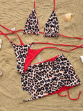 2026 Summer Leopard Print 3 Pieces Suit Swimwear Reversible Sexy Halter Lace-up Bikini Set Drawstring Skirt Cover Up Beachwear