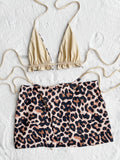 2026 Summer Leopard Print 3 Pieces Suit Swimwear Reversible Sexy Halter Lace-up Bikini Set Drawstring Skirt Cover Up Beachwear