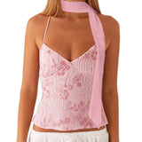 Women Camisoles Sequins Beaded Flower Embroidery V-Neck Casual Camis Tops Summer Fashion Sleeveless Crop Tops with Choker Scarf
