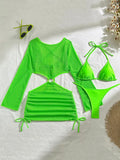 Mesh Sheer Long Sleeve Cover-Up Micro Bikini Female Swimsuit Women Swimwear Three-pieces Bikini Set Bathing Suit Swim Beach Wear