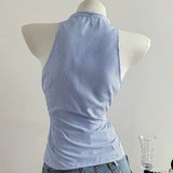 Summer Casual Shirt Women's Blue Striped Halter Top V Neck Button Down Sleeveless Slim Fit Blouse 2026 Y2K Style Streetwear