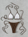 Sexy Coffee Bikini Set Women Pearls Strap Push Up Bandage Thong Swimsuit 2025 Brazilian Summer Bathing Suit Micro Swimwear