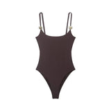 Black And Brown Spaghetti Strap Bodysuits With Rose Gold Button Decor Elegant Slim Fit Shapewear For Women Nightclub Wear 4UMT