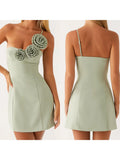 Women's Summer 3D Flower Mini Dress One Shoulder Spaghetti Strap Solid Color Slim Fit Dresses Party Clubwear