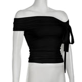 Korean Style Solid Color Women's Top Casual Slash neck Crop Top Fahionable Slim Fit White Tee Lady Summer Night Out Dress up