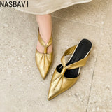 2026 Summer New Brand Women Slipper Fashion Pointed Toe Slip On Slides Low Heel Ladies Elegant Mules Sandals Top quality  Gold