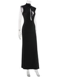 Ahagaga Fashion Sexy Women's Maxi Dresses Turtleneck Short Sleeves Hollow Out Lace Patchwork Sheath Split Party Solid Vestidos