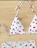Women French Chic Cherry Print Bikini Sets Three Pieces with Mesh Skirt Swimsuit Swimwear Bathing Suit Beach Outfits Biquini