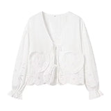 Foridol Heart Embroidery White Cotton Women Blouse Bowknot Spring Summer Lantern Sleeve Casual Shirt V Neck Loose Chic Blusa