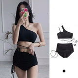 Sexy Korean Fashion One Shoulder Crop Top Mujer Black Drawstring Shorts Bottoms Bikinis Sets Two Pieces Swimsuit Padded Swimwear