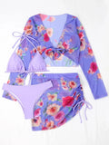 2026 Summer Women's 4 Pieces Suit Swimwear Neck Lace-up Bikini Set+crop Top+skirts Floral Print Gauze Swimsuit Beachwear Biquini