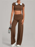 Women's Tracksuit Yoga Sets Back Hollow Out Short Sleeve Sports Shirts High Waist Straight Leg Pants Gym Running Fitness Suits