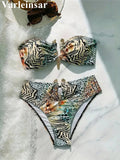 S - XL Sexy Leopard Printed Bandeau Bikini Female Swimsuit Women Swimwear Two-Pieces Bikini Set Bather Bathing Suit Swim V7541