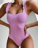 2023 Vintage Swimsuit Women One Piece Ruffle Strap Swimwear Female Push Up Monokini Padded Beach Bathing Suits Black Bodysuits