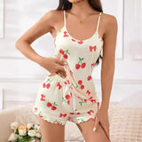 Summer Cherry Print Pajamas Set for Women Breathable Casual Straps Cami Tops and Ruffle Shorts Set Homewear Loungewear