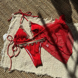 With Mesh Sarong Wrinkled Halter Shell Bikini Female Swimsuit Women Swimwear Three-pieces Bikini Set Bathing Suit Swim Beachwear