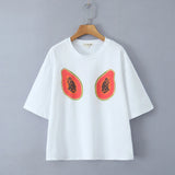 Foridol Papaya Print Fruit T-shirt Women Summer Loose Casual Shirts Blusa Half Sleeve White Spring Summer Shirt 2025 Blouse