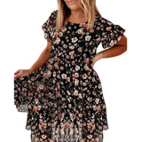 Summer Lady Ruffle Mini A Line Dress Women Casual Floral Print Dresses O Neck Elegant Short Sleeve Midi Dress Vacation Vestidos